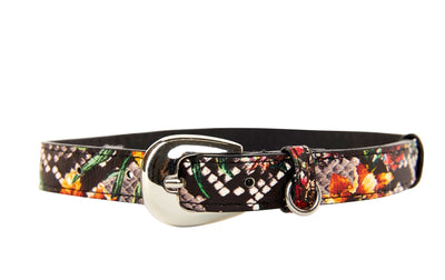 Floral, Scull, Snake Print Italian Leather Collar With Silver Oval