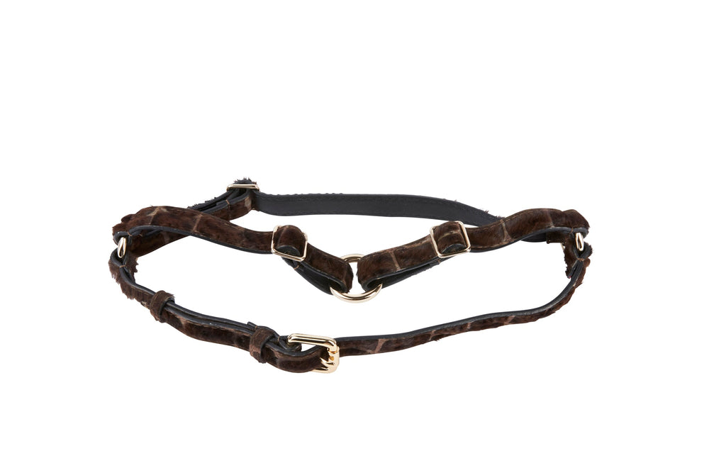 Brown snake-patterned hair on hide leather harness with gold-tone buckles, arranged in a circular shape on a white background.