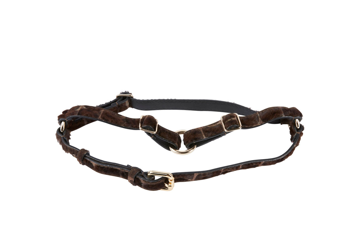 Brown snake-patterned hair on hide leather harness with gold-tone buckles, arranged in a circular shape on a white background.