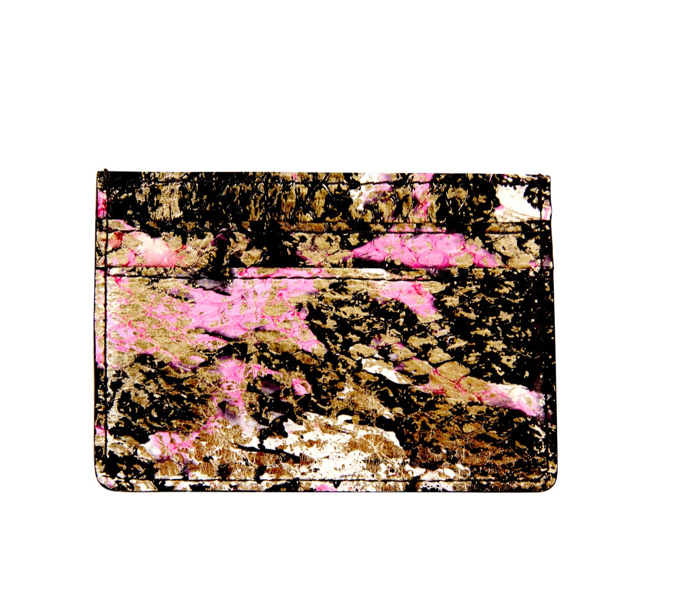 Black, white, pink, and gold patterned snake card wallet from Allysa Payne Beverly Hills