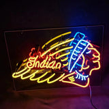 Neon sign depicting a red, yellow, and blue outline of a Native American head wearing a feathered headdress, with the word 'Indian' in yellow script.