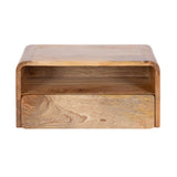 Rectangular wooden side table with rounded edges, featuring an open shelf above a single drawer with natural wood grain patterns.