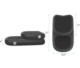 Two black inflatable barrel-shaped components with rounded rectangles and silver valve caps, shown side view and top view on white background.