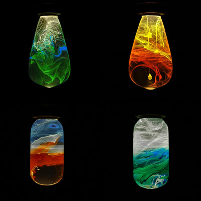 EP Light 4-Pack Resin LED Bulbs with Wooden Base showing unique handcrafted resin bulbs in various colors