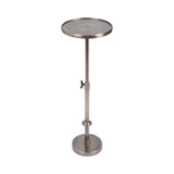 Round polished metal adjustable-height table and plant stand with a slim central column, wingnut height lock, and circular base in brushed silver finish.