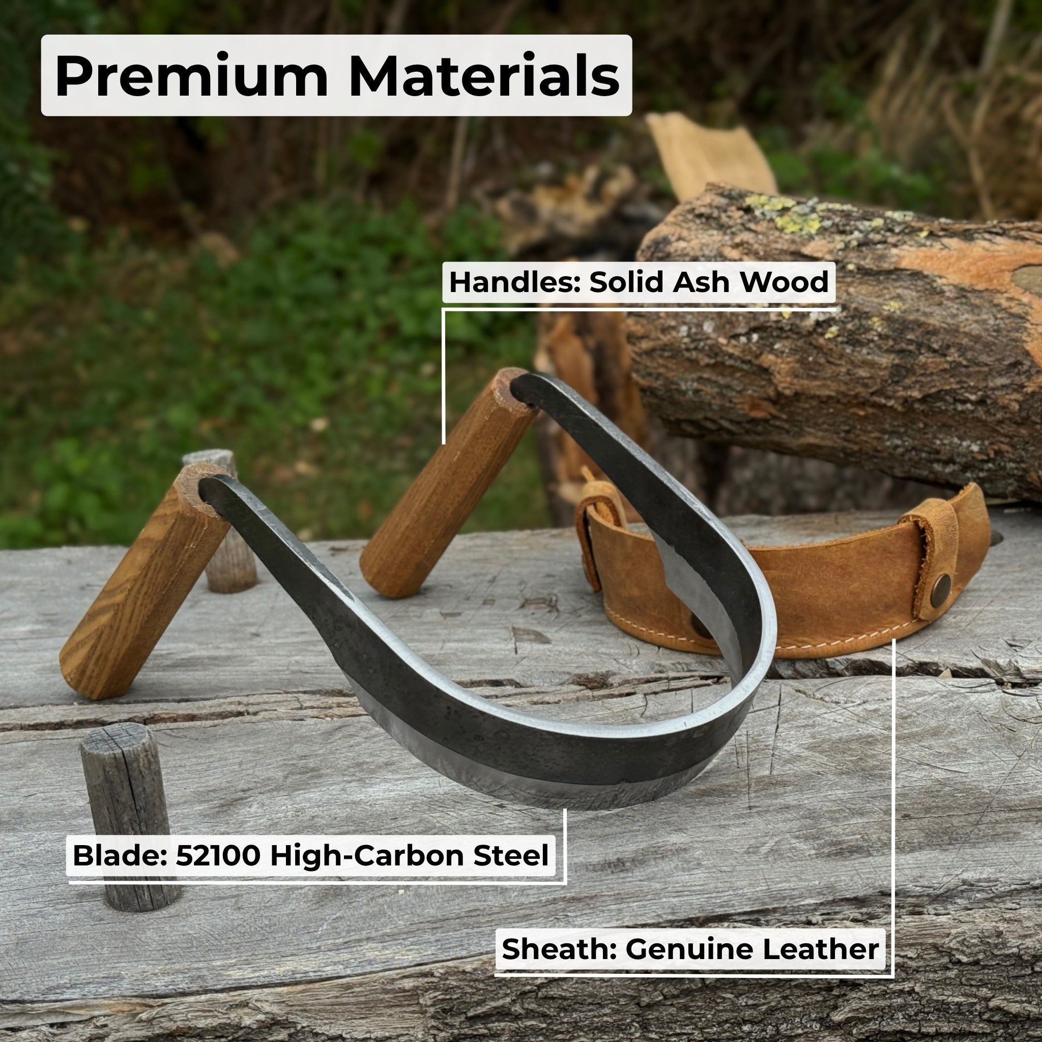 Inshave half-rounded drawknife with ash wood handles and leather sheath