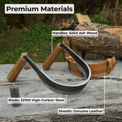 Inshave half-rounded drawknife with ash wood handles and leather sheath