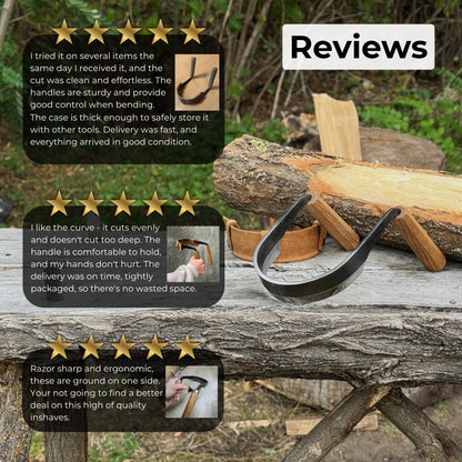 Inshave half-rounded drawknife with ash wood handles and leather sheath