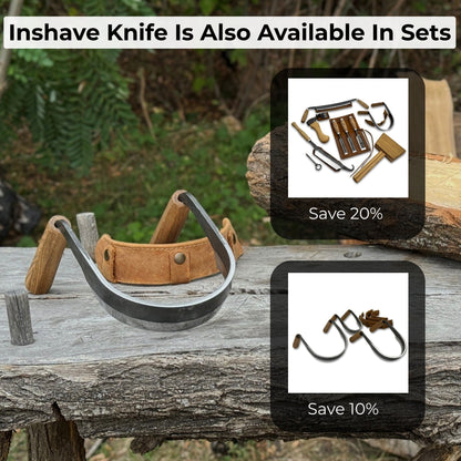 Inshave half-rounded drawknife with ash wood handles and leather sheath