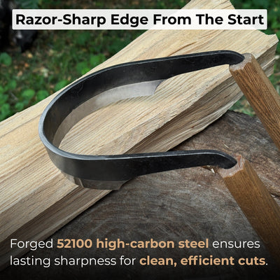 Inshave half-rounded drawknife with ash wood handles and leather sheath