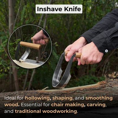 Inshave half-rounded drawknife with ash wood handles and leather sheath
