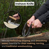 Inshave Half-Rounded Drawknife 9.5 cm by Sharky Forged Steel Tools with ash wood handles and leather sheath