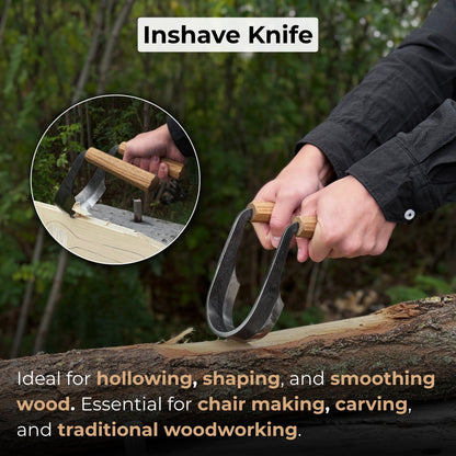 Inshave Half-Rounded Drawknife 9.5 cm by Sharky Forged Steel Tools with ash wood handles and leather sheath