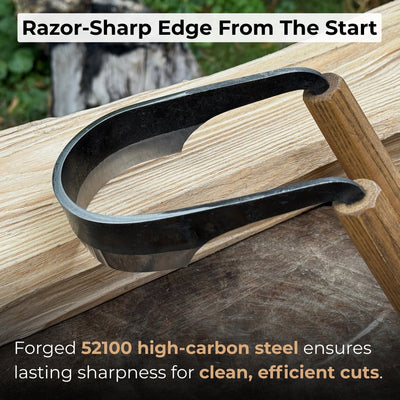Inshave Half-Rounded Drawknife 9.5 cm by Sharky Forged Steel Tools with ash wood handles and leather sheath