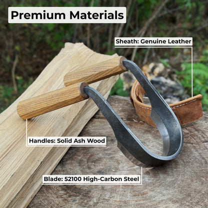 Inshave Half-Rounded Drawknife 9.5 cm by Sharky Forged Steel Tools with ash wood handles and leather sheath