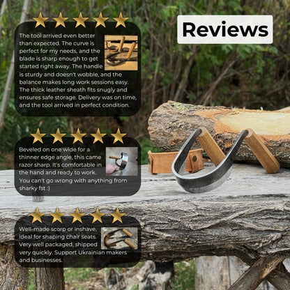 Inshave Half-Rounded Drawknife 9.5 cm by Sharky Forged Steel Tools with ash wood handles and leather sheath