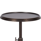 Round metal drink table with hammered dark bronze top and smooth cylindrical pedestal base, adjustable height mechanism visible near base.