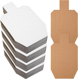 Stack of white cardboard IPSC shooting targets with outlined scoring zones labeled A, B, C, D next to a single brown cardboard target showing the same design and markings.
