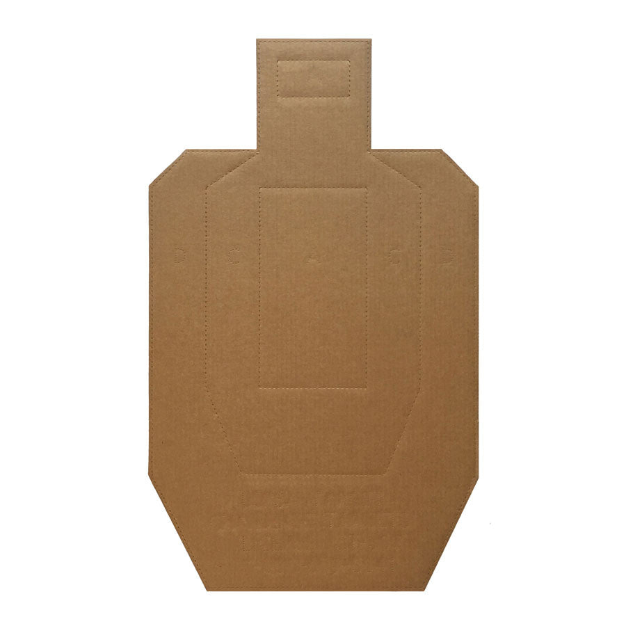 IPSC cardboard target showing white and brown dual-sided design