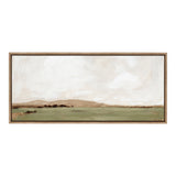 Panoramic landscape painting with muted green fields and soft brown hills under a cloudy beige sky, enclosed in a thin wooden frame.