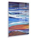 Abstract floating acrylic art with fluid bands of blue, white, orange, and brown resembling coastal currents on a glossy, reflective surface.