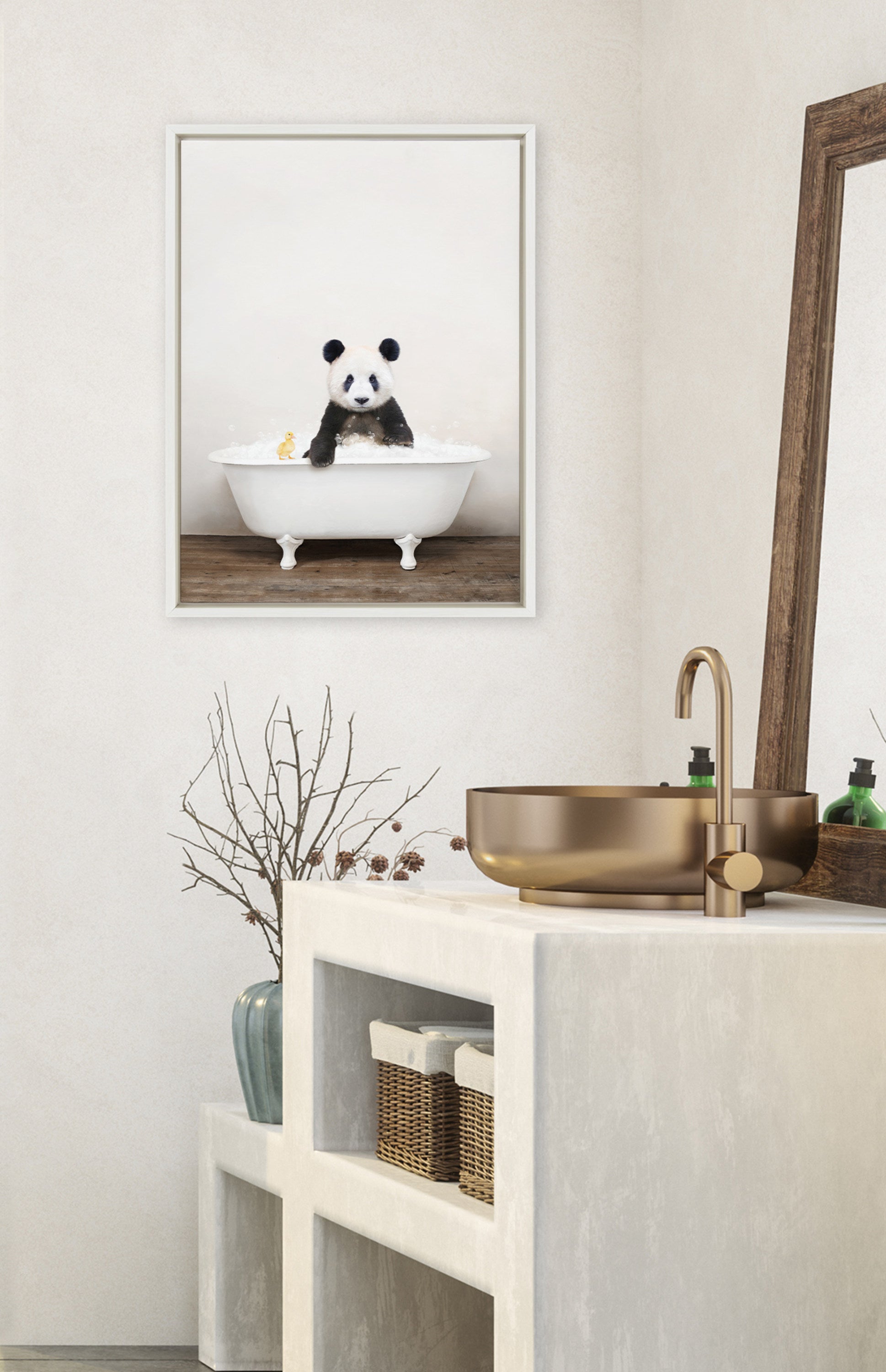 Sylvie Panda Waving in Rustic Bath Framed Canvas by kateandlaurel - product image 10 for Resin Society