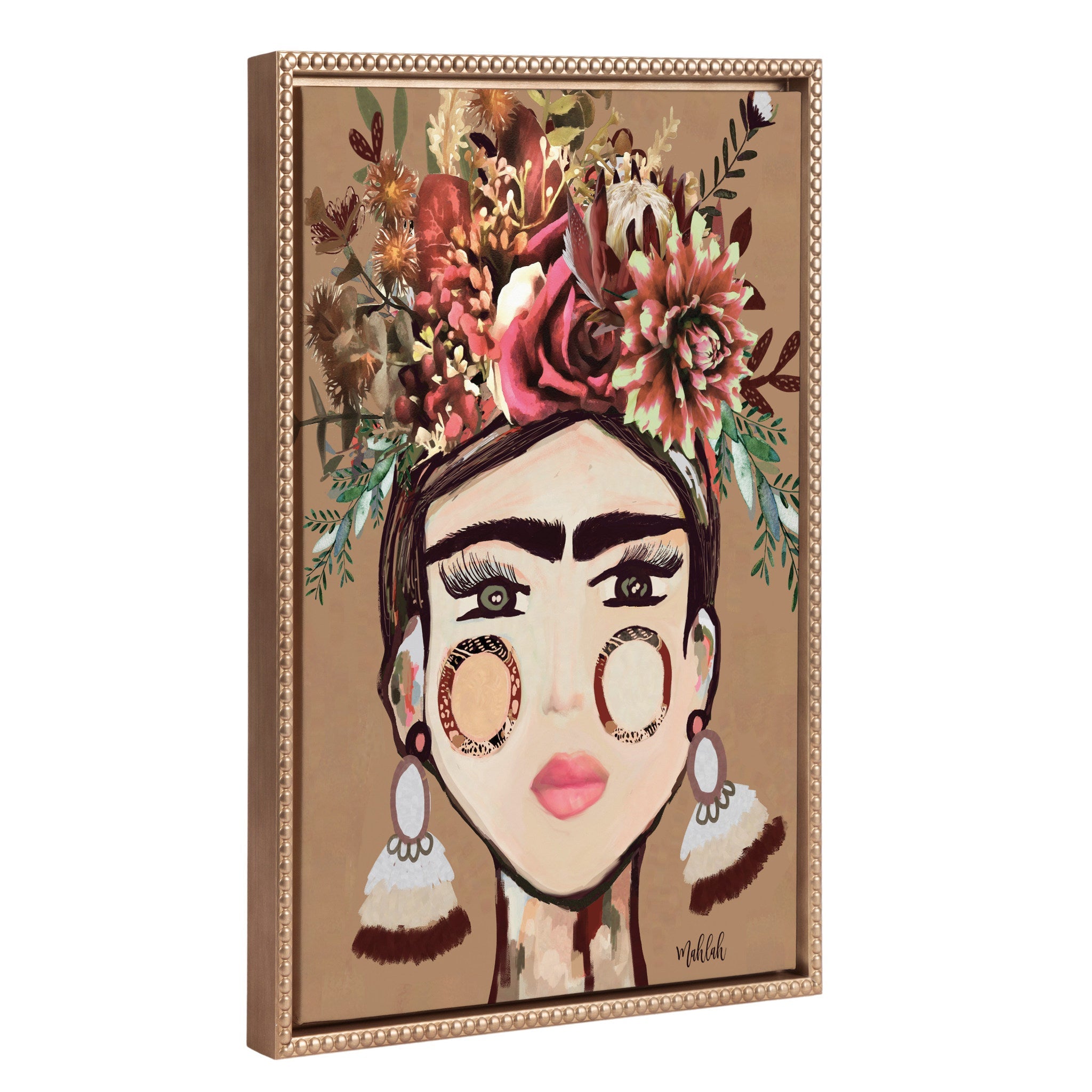 Sylvie Beaded Warm Frida framed portrait canvas with gold vintage beaded frame on wall
