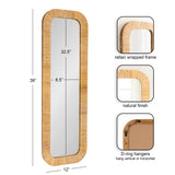 Tall rectangular wall mirror with a natural finish rattan wrapped frame, featuring rounded corners and D-ring hangers for vertical or horizontal mounting.