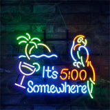 It's 5 o'clock Somewhere Parrot Neon Sign mounted on metal grid backing illuminated in a room