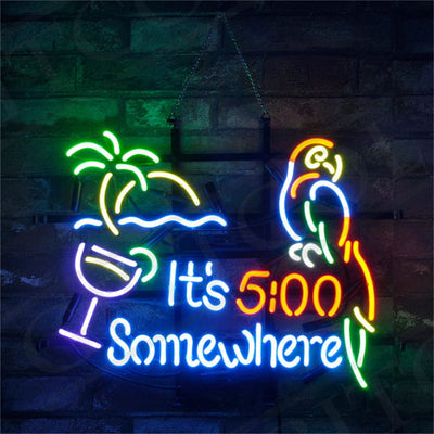 It's 5 o'clock Somewhere Parrot Neon Sign mounted on metal grid backing illuminated in a room
