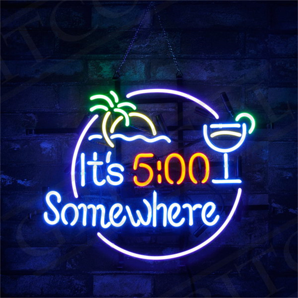 It's 5 o'clock Somewhere neon sign lit, showing a palm tree, sun, and sea design on metal grid backing