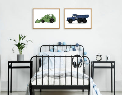 Sylvie Vintage Toy Tractor and Dump Truck Framed Canvas Art Set by Saint and Sailor Studios