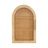Arched wooden cabinet door with a woven rattan panel inset and a vertical carved handle on the right side, showing natural tan and light brown tones.