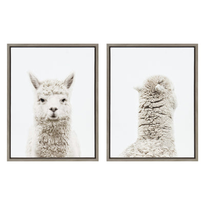 Sylvie Alpaca Front and Alpaca Back two piece framed canvas art set showing a gray alpaca front and natural colored alpaca back