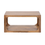Rectangular wooden coffee table with an open lower shelf and rounded cutouts on the inner sides, shown from the front against a white background.