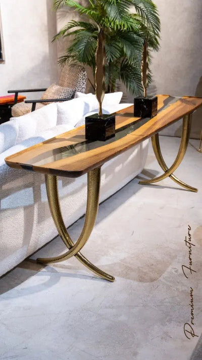 Ivory Collection epoxy resin sofa and console table made of walnut wood with golden aluminum legs