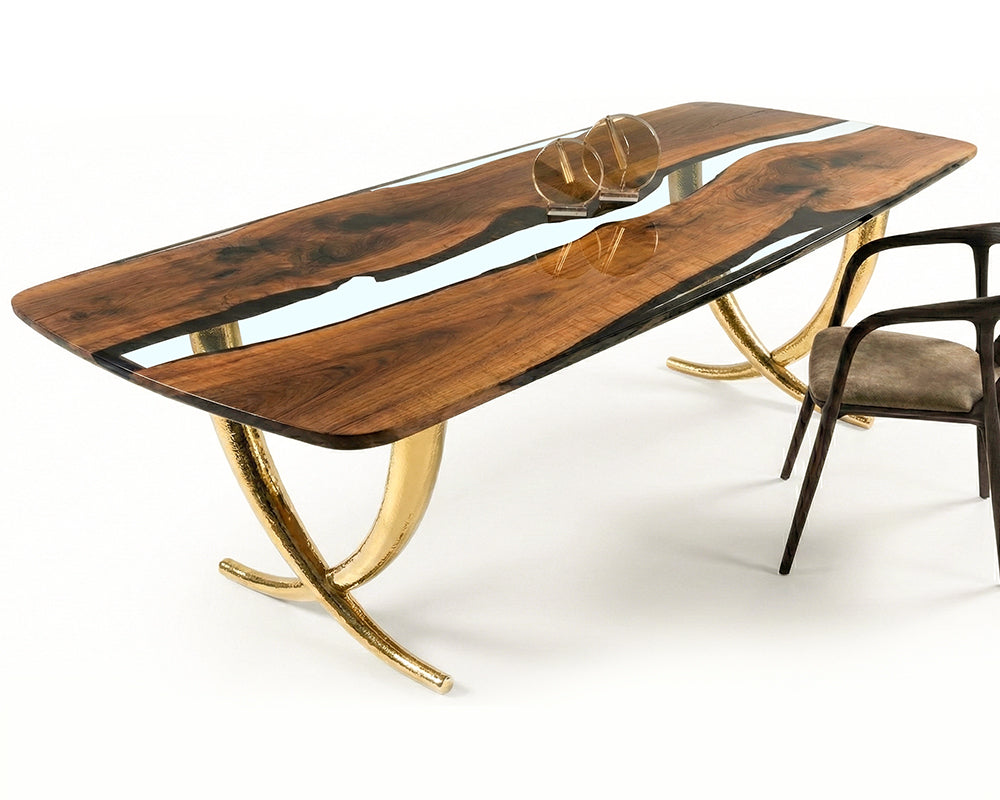 Ivory-shaped legs epoxy resin dining room table with walnut wood top and aluminum legs