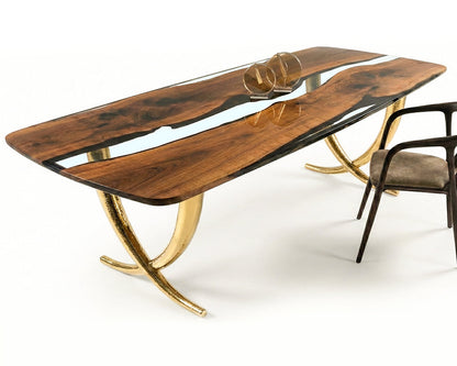Ivory-shaped legs epoxy resin dining room table with walnut wood top and aluminum legs