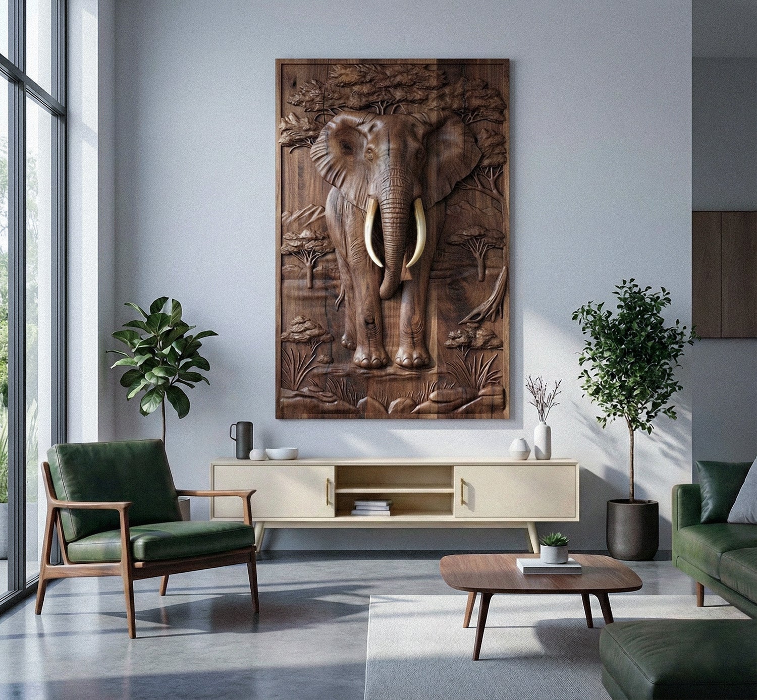 Majestic African Elephant 3D relief wood wall art with gold leaf tusks