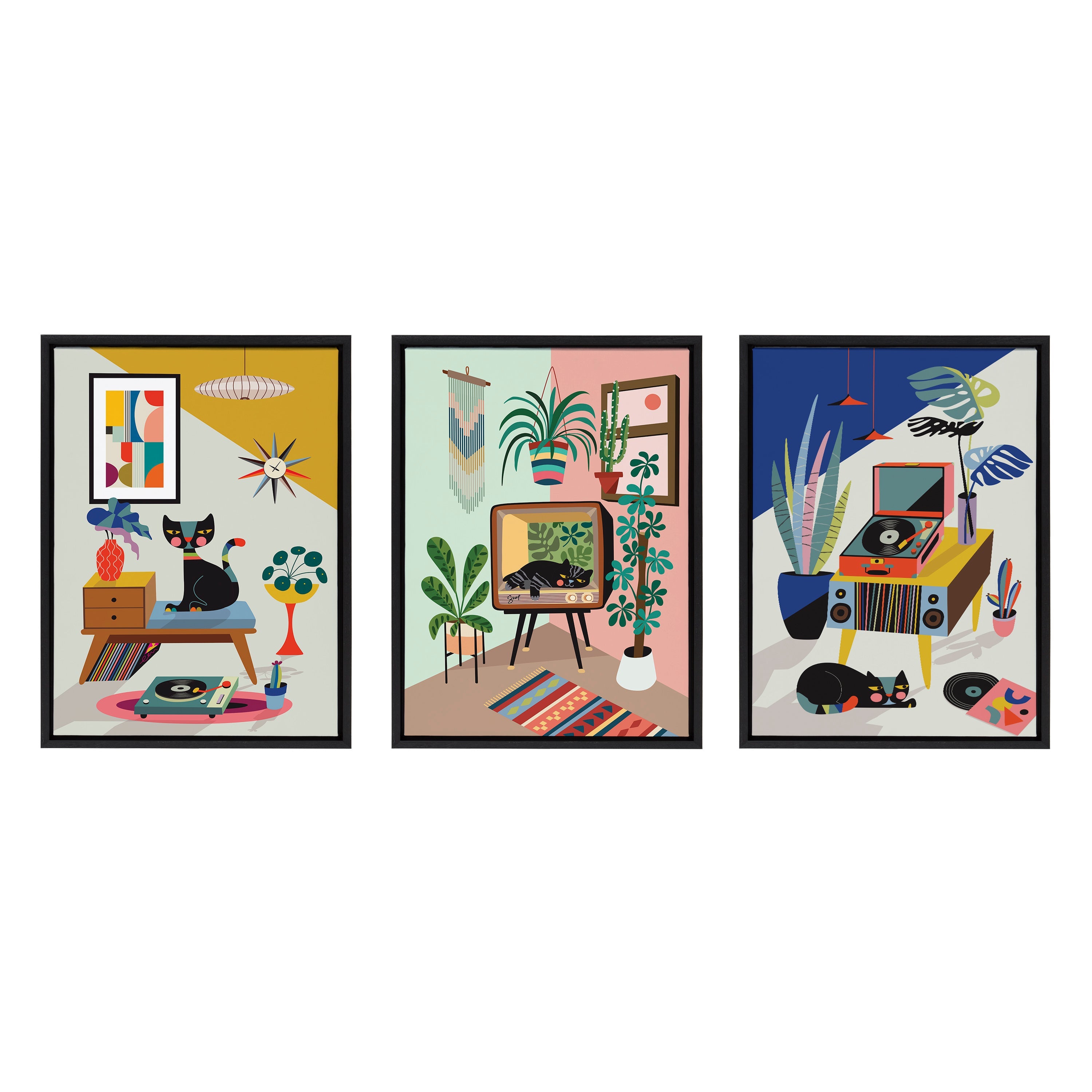 Sylvie Record Player, TV Cat Bed and Chill Out Saturday Framed Canvas Art Set by Rachel Lee of My Dream Wall