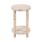 Round side table with woven wicker top and lower shelf, supported by three vertical wicker-wrapped legs in a natural beige tone.