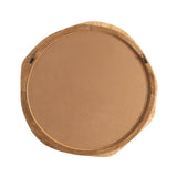 Irregular round wall mirror back with natural rattan frame and two metal hanging brackets on white background.