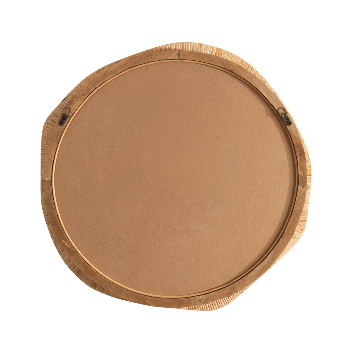 Irregular round wall mirror back with natural rattan frame and two metal hanging brackets on white background.