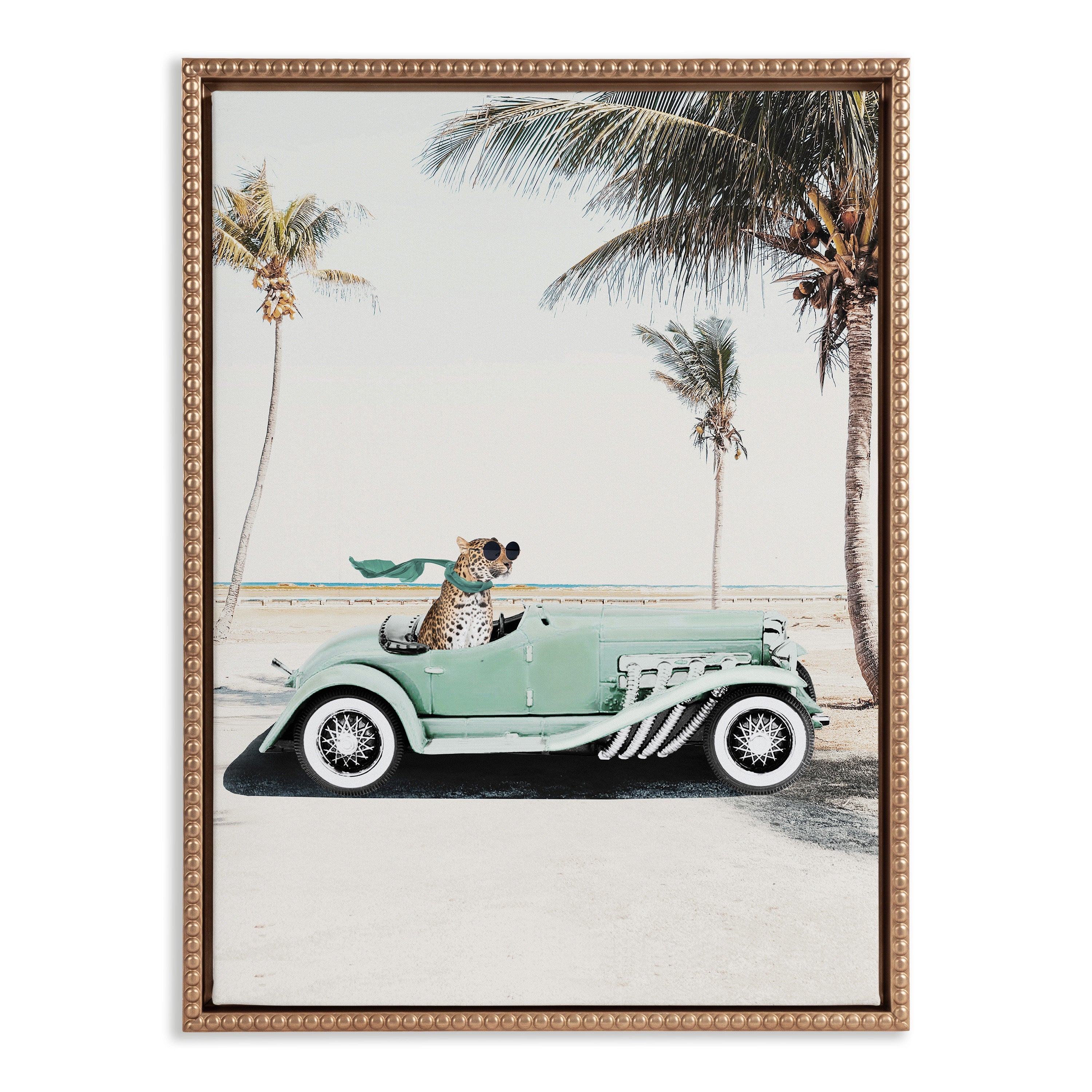 Sylvie Beaded Leopard in Car Beach Palms Framed Canvas by July Art Prints