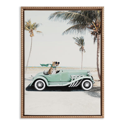 Sylvie Beaded Leopard in Car Beach Palms Framed Canvas by July Art Prints