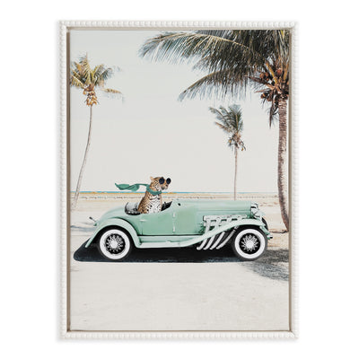 Sylvie Beaded Leopard in Car Beach Palms Framed Canvas by July Art Prints