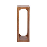 Tall, narrow rectangular wood table with rounded cutouts on the front and back panel and smooth edges, shown from the front against a white background.