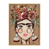 Stylized portrait of a woman with bold eyebrows, pink lips, and large round earrings, adorned with a vibrant floral crown in warm earth tones on a tan background.