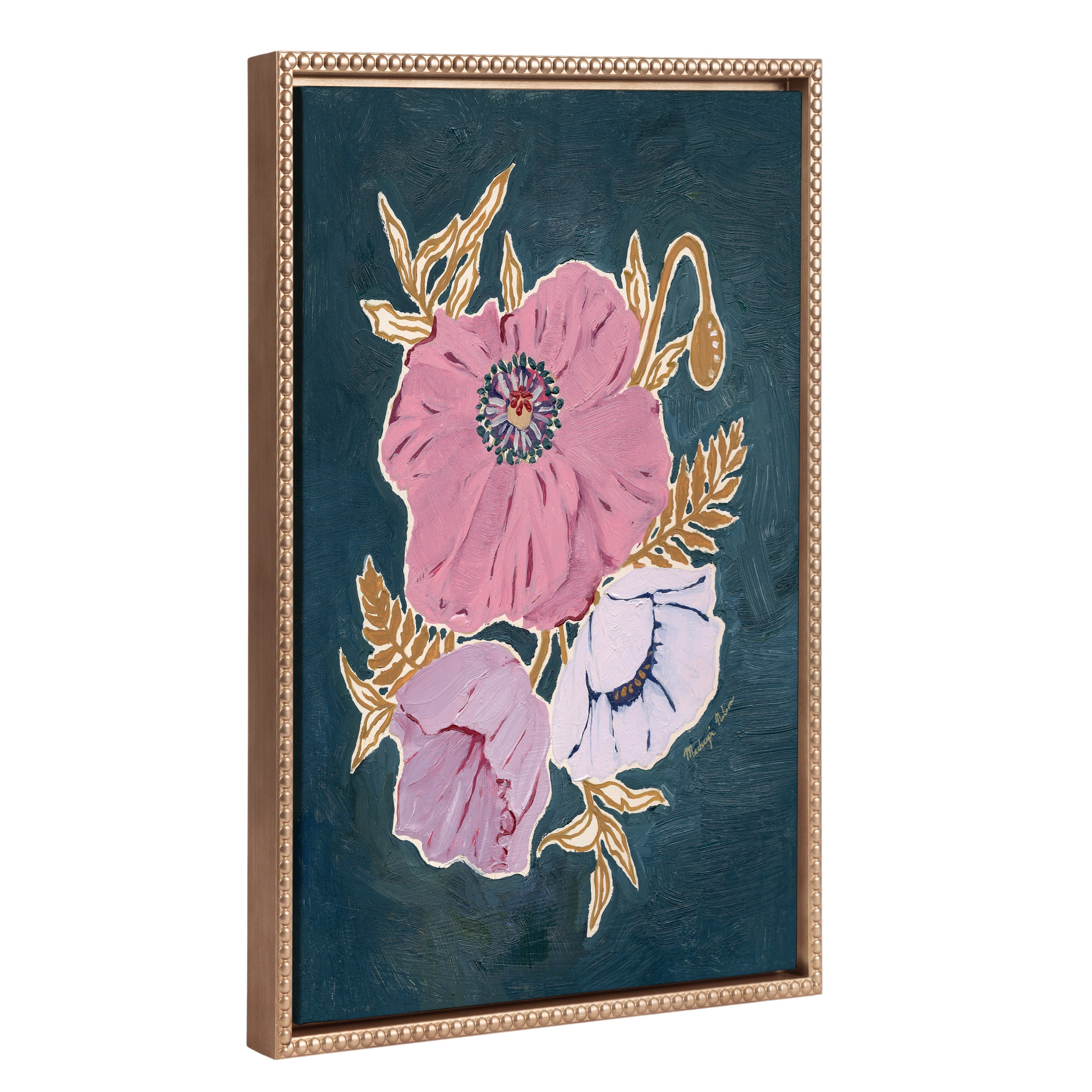 Sylvie Beaded Three Purple Poppies Framed Canvas featuring vibrant purple poppies in a vintage beaded gold frame