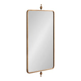 Rectangular Kasota metal framed mirror with rounded corners and decorative finials at top and bottom in a warm bronze finish against white background